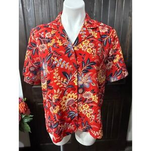 BonWorth Red Floral Paisley Button Up Shirt Womens Petite Small Short Sleeve Top